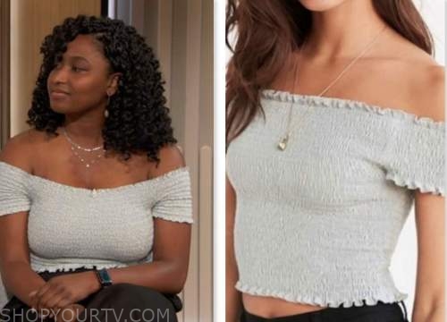 Bernice Langyintuo, drew barrymore show, blue smocked off-the-shoulder top
