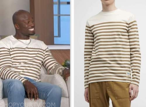 the talk, Akbar Gbajabiamila, brown striped sweater top