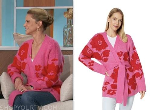 the talk, natalie morales, red and pink floral cardigan sweater