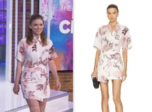 kate mara, the kelly clarkson show, pink and white rabbit shirt and skirt dress