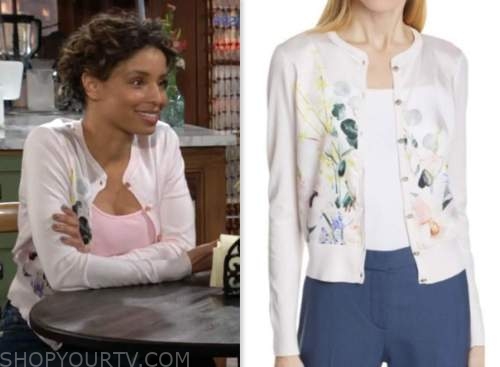the young and the restless, elena dawson, brytni sarpy, pink floral cardigan sweater