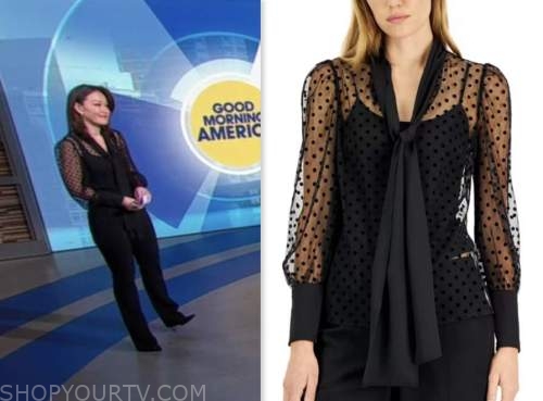eva pilgrim, good morning america, black sheer dot tie neck top