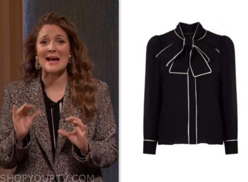 drew barrymore show, drew barrymore, black tie neck blouse