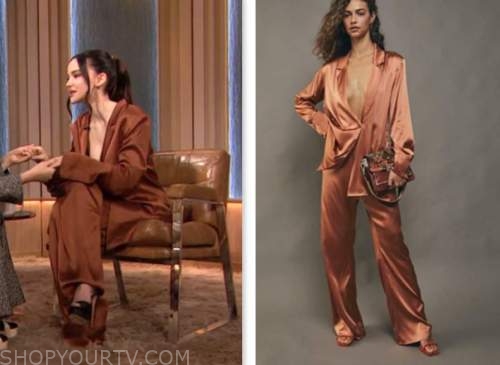 dove cameron, brown satin blazer and pant suit, drew barrymore show