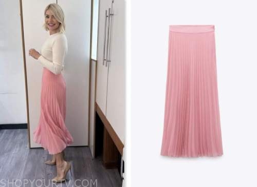 this morning, holly willoughby, pink pleated midi skirt
