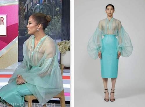 jennifer lopez, the today show, teal green sheer top and leather pencil skirt
