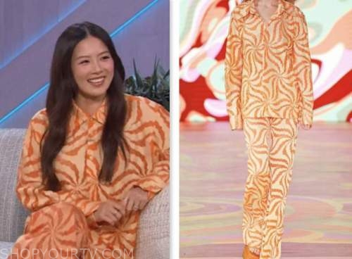 the kelly clarkson show, orange lace shirt and pants, christine ko