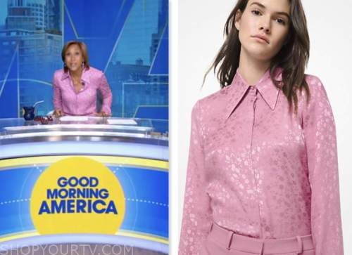 good morning america, robin roberts, pink jacquard silk shirt
