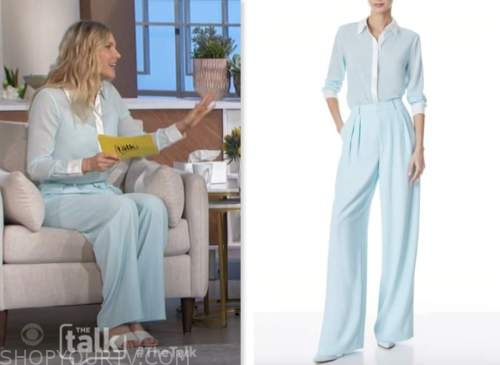 the talk, amanda kloots, blue blouse and blue pants