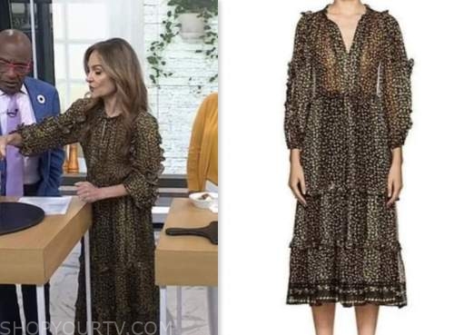 the today show, joy bauer, metallic printed midi dress