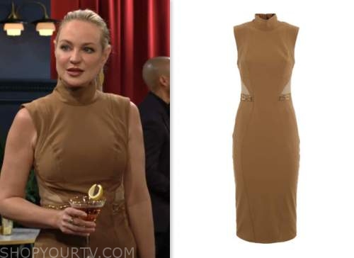 the young and the restless, sharon newman, sharon case, brown suede sheath dress