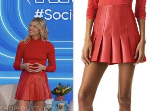 the talk, red leather pleated mini skirt, amanda kloots