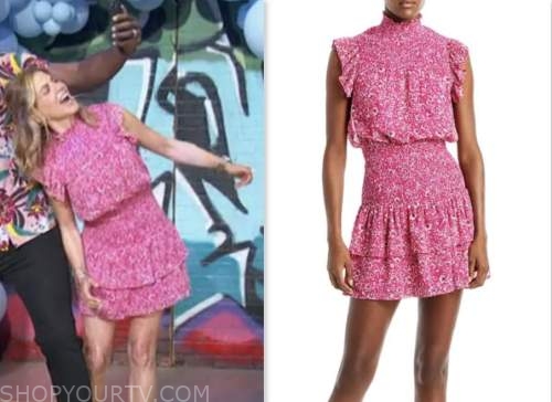 natalie morales, the talk, pink floral metallic smocked mini dress