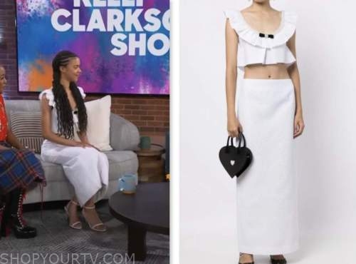 India Ria Amarteifio, the talk, white ruffle top and skirt