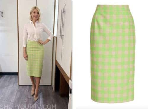this morning, holly willoughby, green check pencil skirt