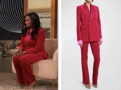 mindy kaling, drew barrymore show, pink velvet blazer and pant suit