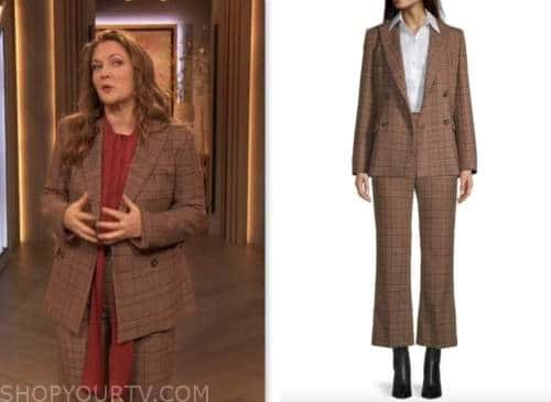 drew barrymore show, drew barrymore, brown plaid blazer and pant suit