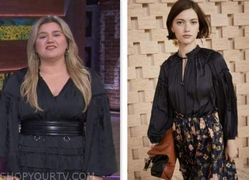 the kelly clarkson show, kelly clarkson, black ruffle trim blouse
