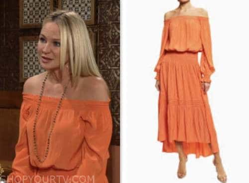 sharon newman, sharon case, the young and the restless, orange off-the-shoulder midi dress