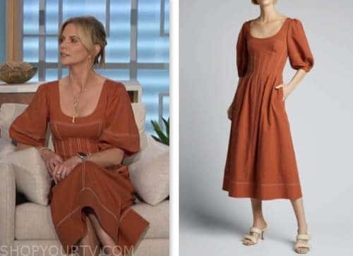 natalie morales, the talk, orange contrast stitch dress