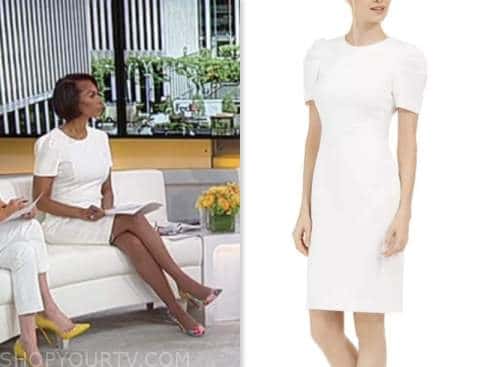 harris faulkner, outnumbered, white puff sleeve sheath dress, fox news fashion