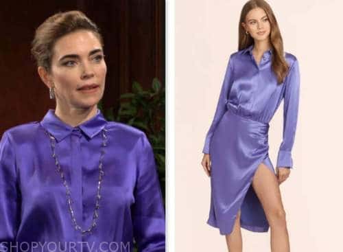 victoria newman, amelia heinle, the young and the restless, purple satin shirt dress