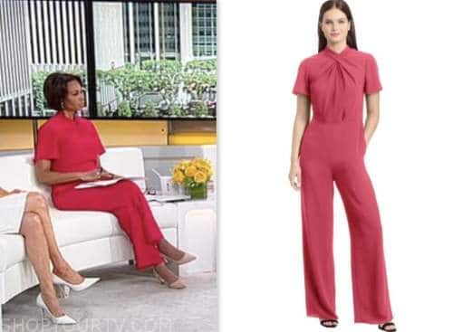 harris faulkner, pink twist neck jumpsuit, outnumbered, fox news fashion