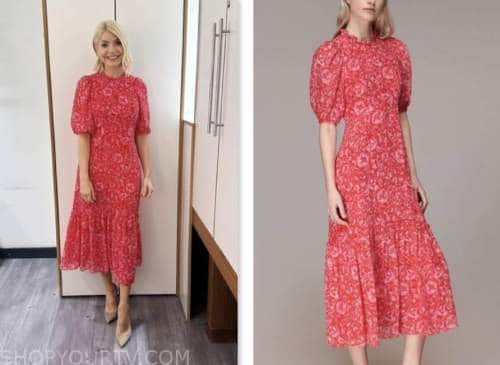 holly willoughby, red printed midi dress, this morning