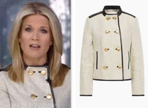 martha maccallum, the story, beige and black leather trim double breasted jacket