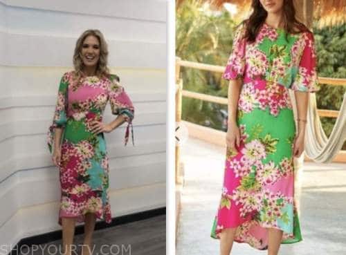 good morning britain, pink and green floral midi dress, charlotte hawkins
