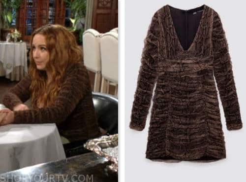 mariah copeland, camryn grimes, the young and the restless, brown snake print ruched dress