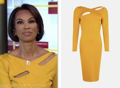 harris faulkner, yellow cutout sheath dress, the faulkner focus, fox news fashion