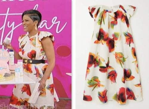 tamron hall show, tamron hall, white and red floral cap sleeve mini dress