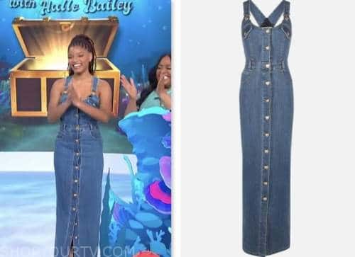 Sherri: May 2023 Halle Bailey's Denim Button Front Midi Dress | Shop ...