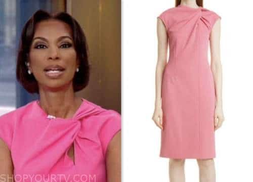 harris faulkner, outnumbered, fox news fashion, pink twist neck sheath dress