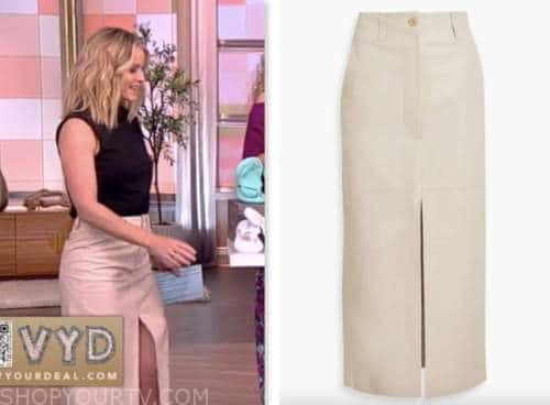sara haines, beige leather midi skirt, the view