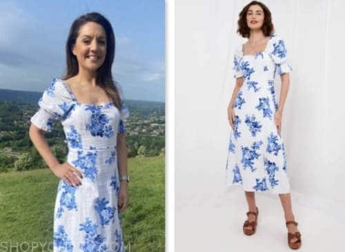 laura tobin, good morning britain, blue and white flora midi dress