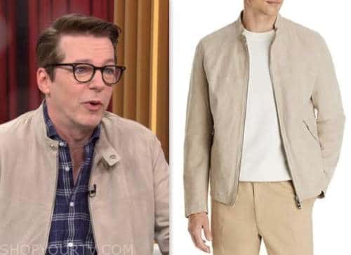 sean hayes, cbs mornings, beige suede biker jacket
