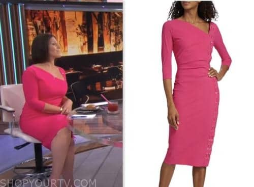 dana jacobson, pink lace-up sheath dress, cbs mornings