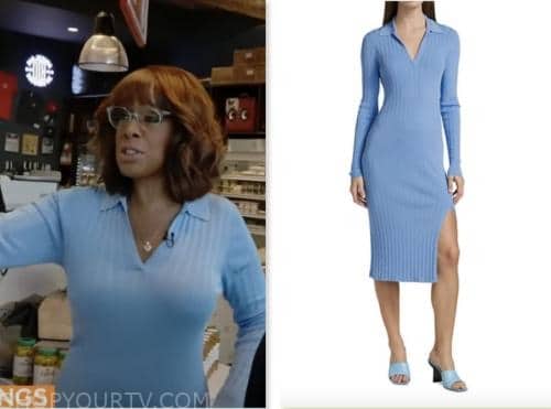 gayle king, cbs mornings, blue ribbed knit polo dress