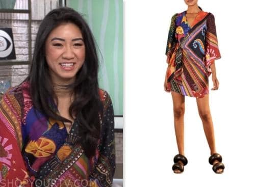 vanessa pham, cbs mornings, multicolor printed dress