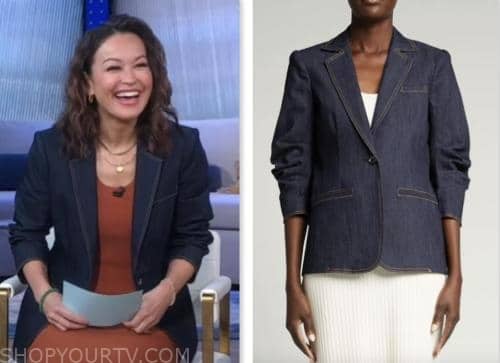 Good Morning America: May 2023 Eva Pilgrim's Denim Ruched Sleeve Blazer ...