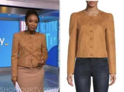 ZINHLE ESSAMUAH, nbc news daily, camel tan suede jacket
