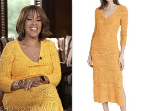 gayle king, cbs mornings, orange crochet knit dress