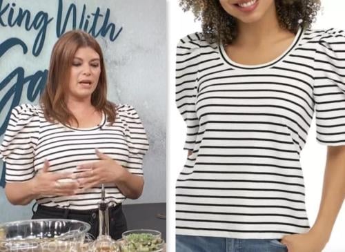 gail simmons, access daily, black and white striped puff sleeve top