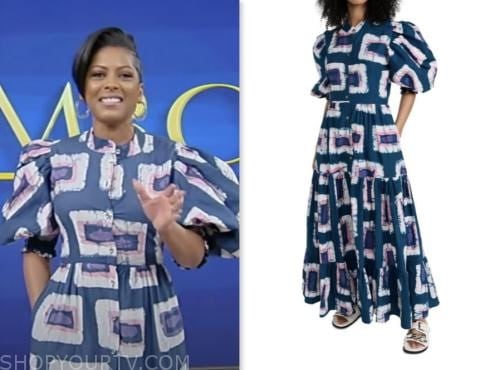 tamron hall show, tamron hall, blue printed puff sleeve dress