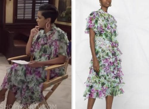 tamron hall show, tamron hall, blue and purple floral tiered dress