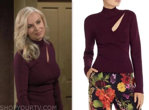 ashley abbott, eileen davidson, the young and the restless, burgundy cutout turtleneck sweater