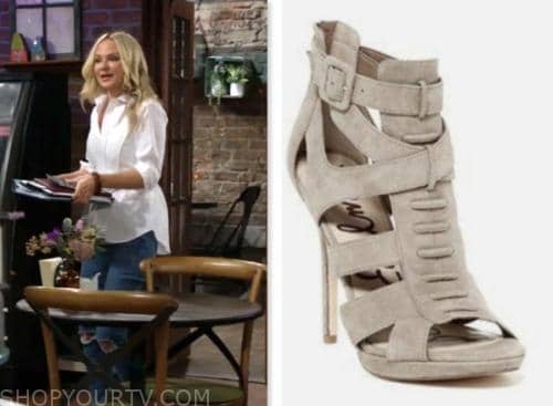the young and the restless, sharon newman, sharon case, grey suede gladiator heels