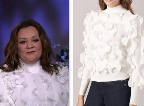 melissa mccarthy, access hollywood, white ruffle sweater